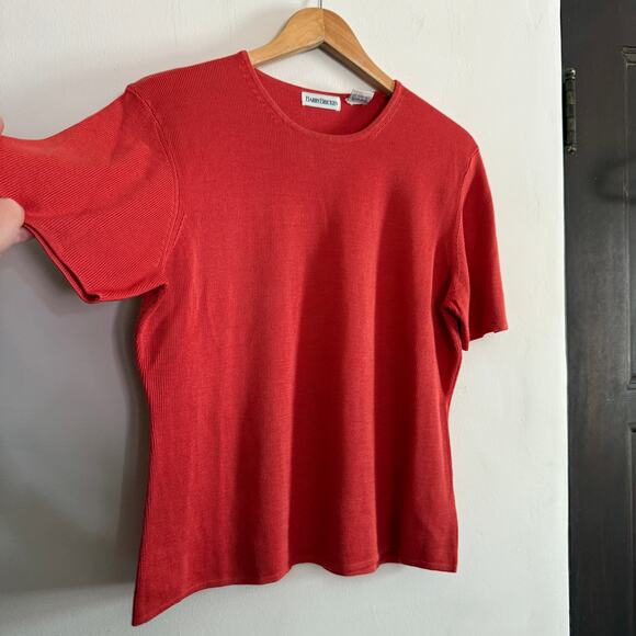 BARRY BRICKEN | 90s Vintage Tomato Red Orange 100% Silk Short Sleeve Sweater XL - Picture 4 of 6